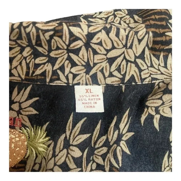 Caribbean Brown Black Linen Blend Bamboo Causal Button Short Sleeve Shirt Men XL - Picture 7 of 14